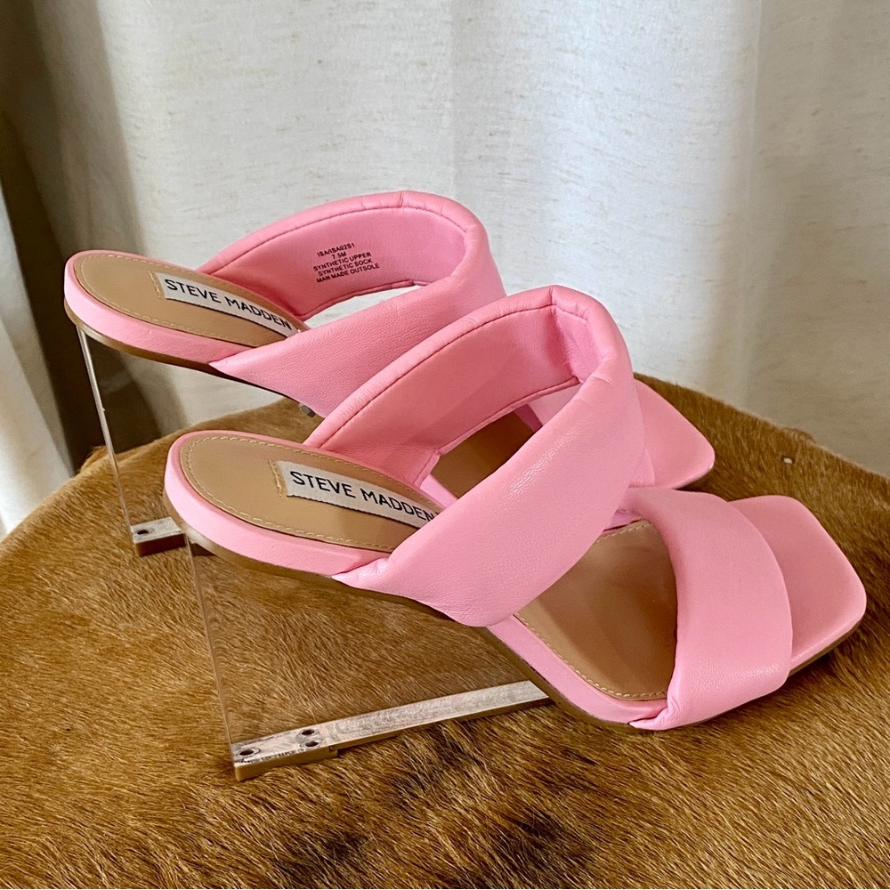 Steve Madden Isa Pink Clear Lucite Wedge Sandals Open Toe Transparent Heel 7.5 - Picture 4 of 14